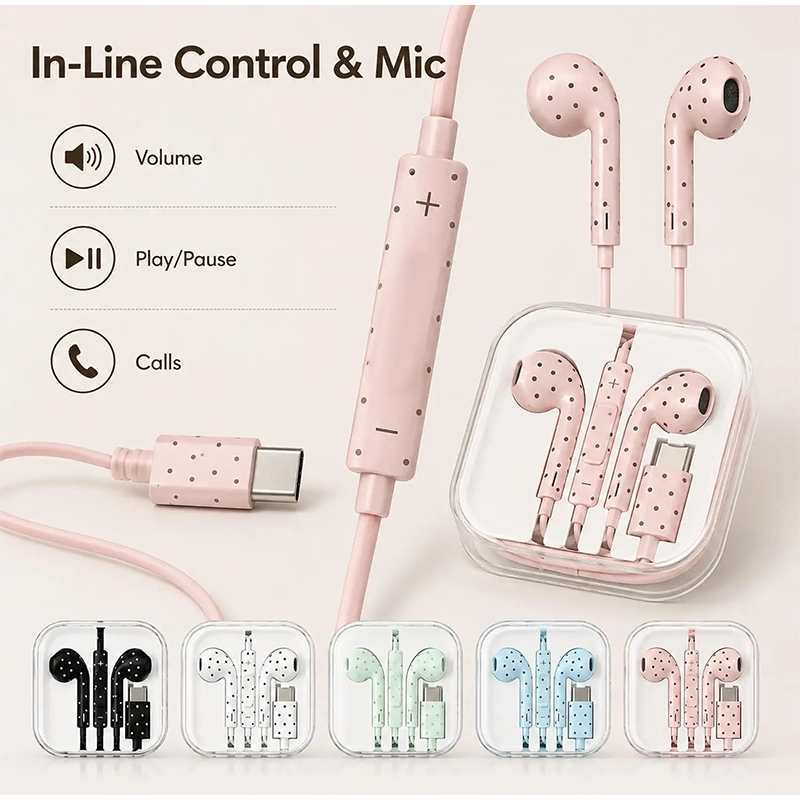 Type C Wired Earphones With Mic - Słuchawki douszne typu C z wzorem